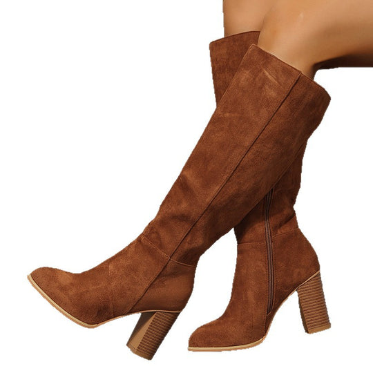 Damen Kniehohe Veloursoptik Stiefel mit skulpturellem Blockabsatz und seitlichem Reißverschluss Shop Nory