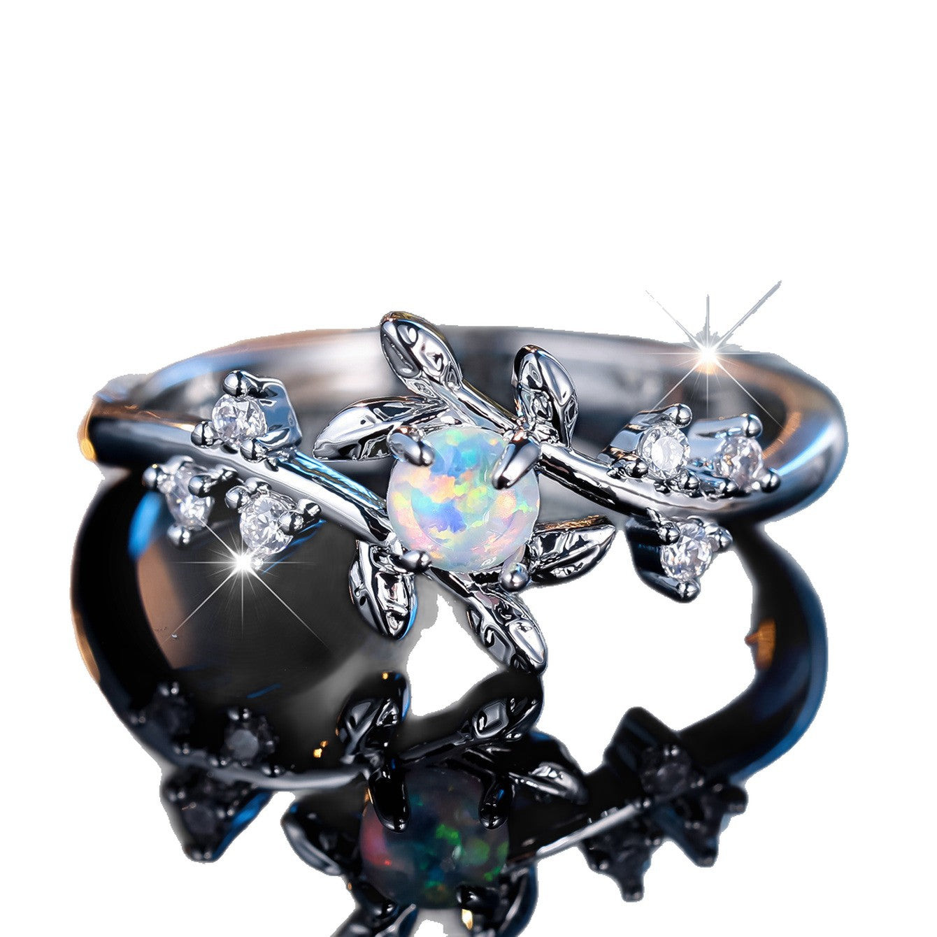 Damen Ring mit kunstvollem Blatt-Design und funkelndem Opal Shop Nory