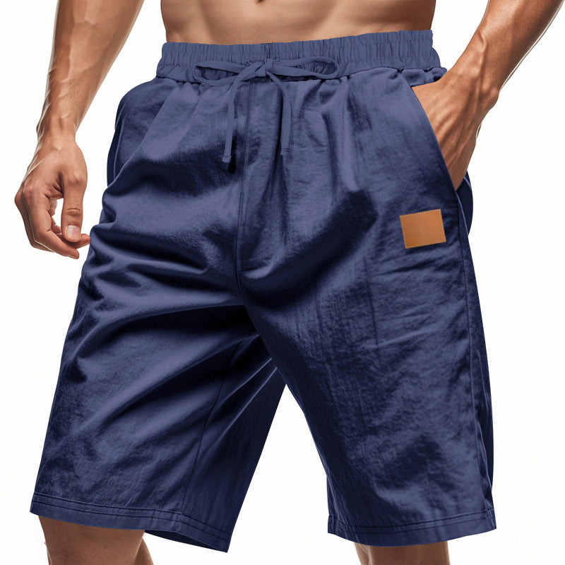 Herren nan leichte Freizeit-Bermudashorts mit Elastikbund, Kordelzug und dezenter Lederapplikation