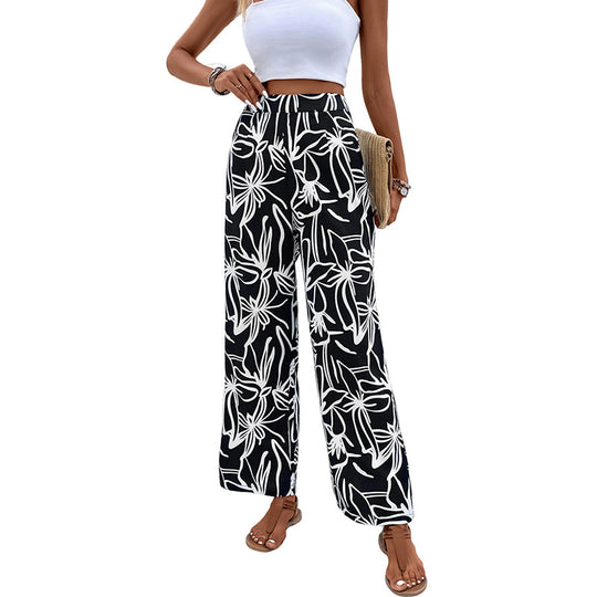 Damen Weite Leinenoptik-Hose mit hohem Bund und floralem Print Shop Nory