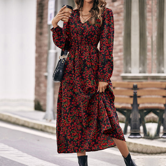Damen Langes florales Maxikleid mit V-Ausschnitt, gerafftem Smokbund und fließendem A‑Linien‑Rock Shop Nory