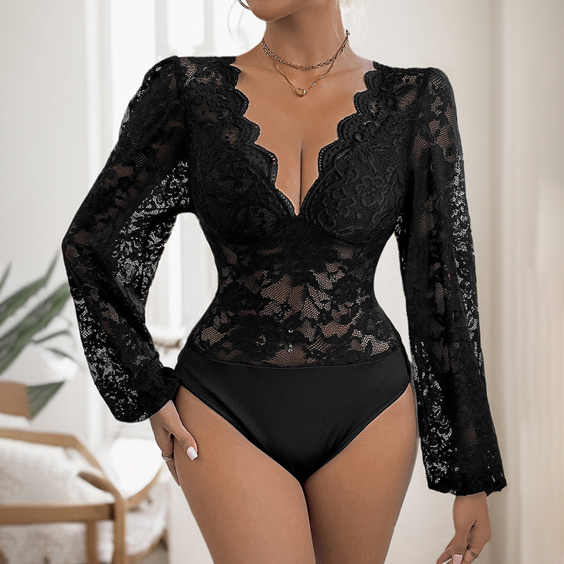 Damen Spitzenbody mit tiefem V‑Ausschnitt, geschwungenem Abschluss und Puffärmeln Shop Nory