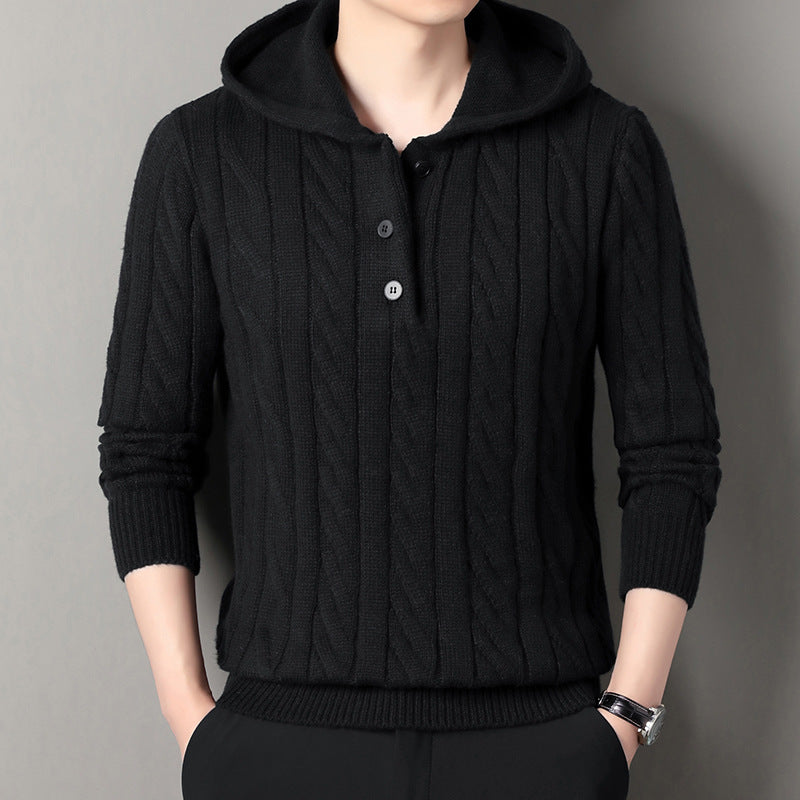Herren Feinstrick-Kapuzenpullover mit Zopfmuster, Halbknopfblende und Kordelzug Shop Nory