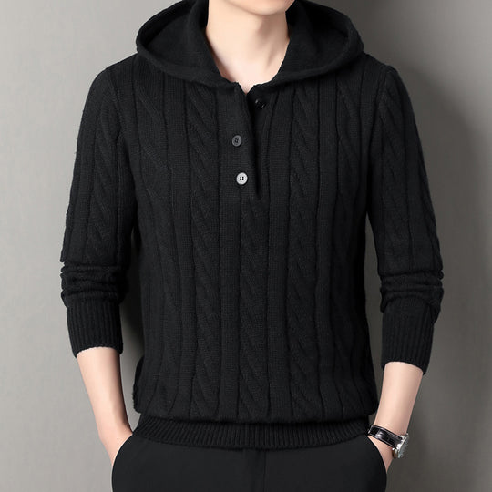 Herren Feinstrick-Kapuzenpullover mit Zopfmuster, Halbknopfblende und Kordelzug Shop Nory