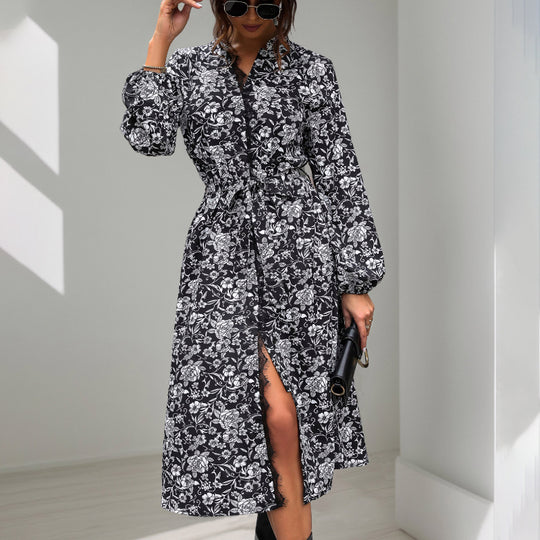 Damen Midikleid mit Spitzenbesatz am Ausschnitt, verdeckter Knopfleiste, Taillenbindegürtel & floralem Allover-Print Shop Nory