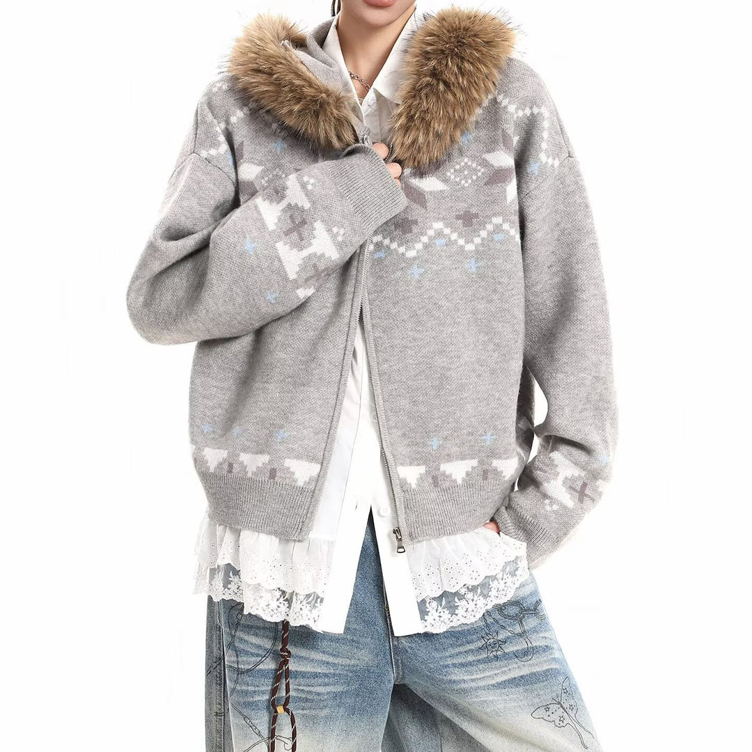 Damen Kapuzensweatjacke mit Kunstfell Kragen und Norweger-Muster Shop Nory