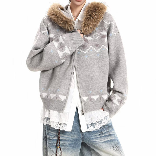 Damen Kapuzensweatjacke mit Kunstfell Kragen und Norweger-Muster Shop Nory
