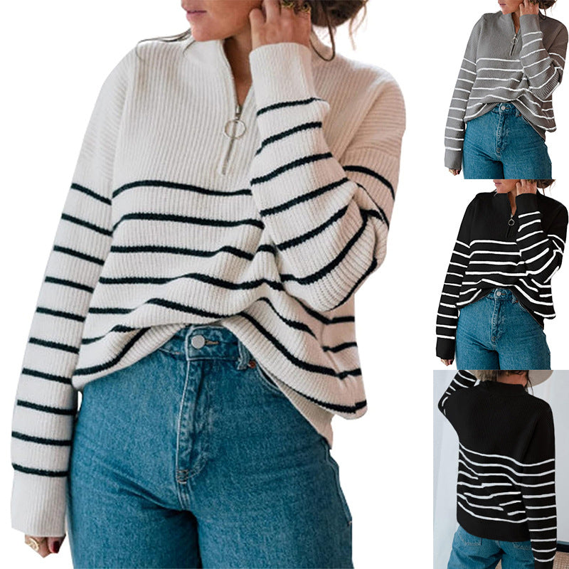 Damen lässiger Pullover mit kurzem Reißverschluss und Streifenmuster