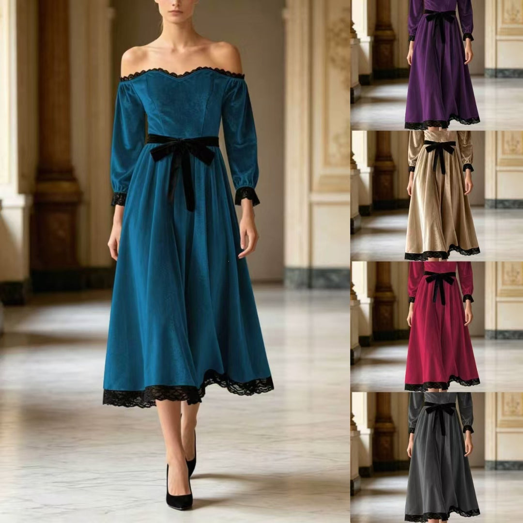 Damen Schulterfreies Samtkleid mit Spitzenbesatz, Samt-Taillengürtel und ausgestelltem Midirock Shop Nory
