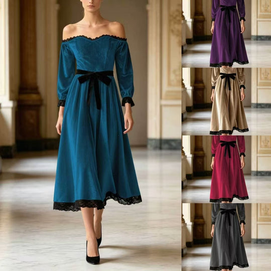 Damen Schulterfreies Samtkleid mit Spitzenbesatz, Samt-Taillengürtel und ausgestelltem Midirock Shop Nory