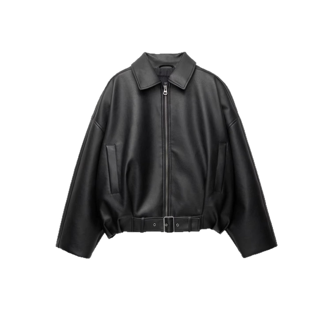 Damen Modische Kunstlederjacke mit Bauchgurt