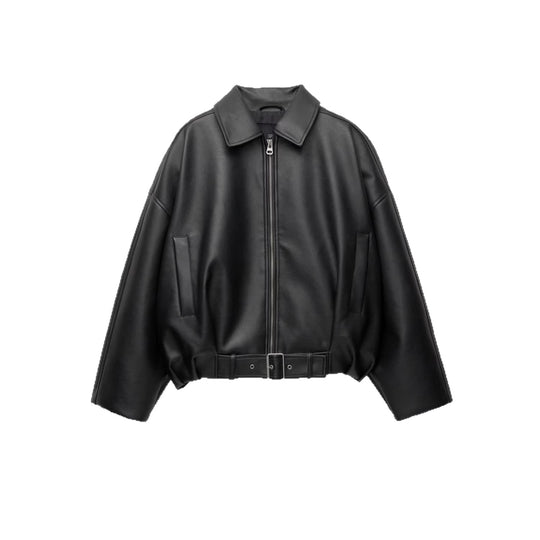 Damen Modische Kunstlederjacke mit Bauchgurt
