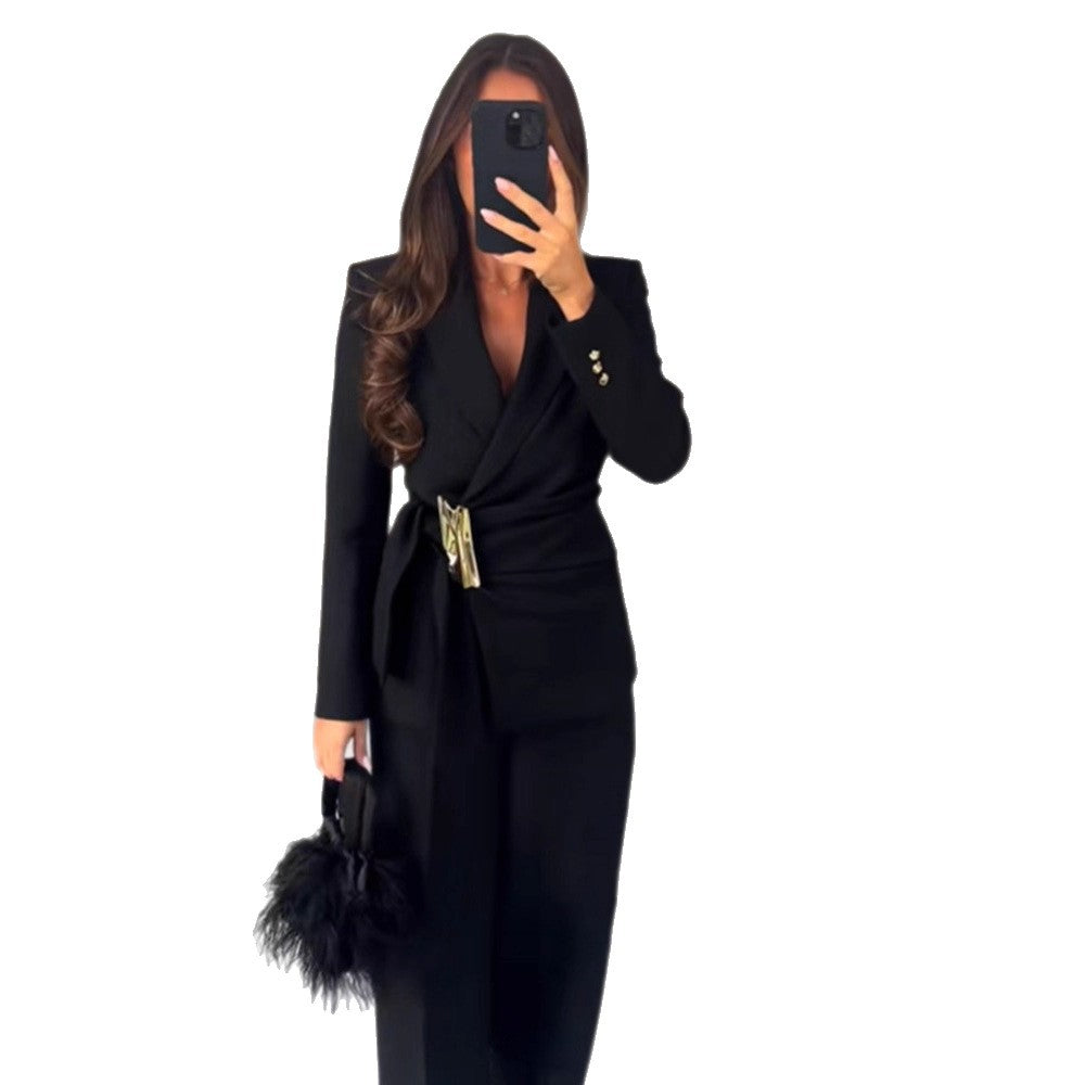 Damen Taillierter Wickel-Blazer mit Zier-Metallschließe & High‑Waist Palazzo‑Hose Shop Nory
