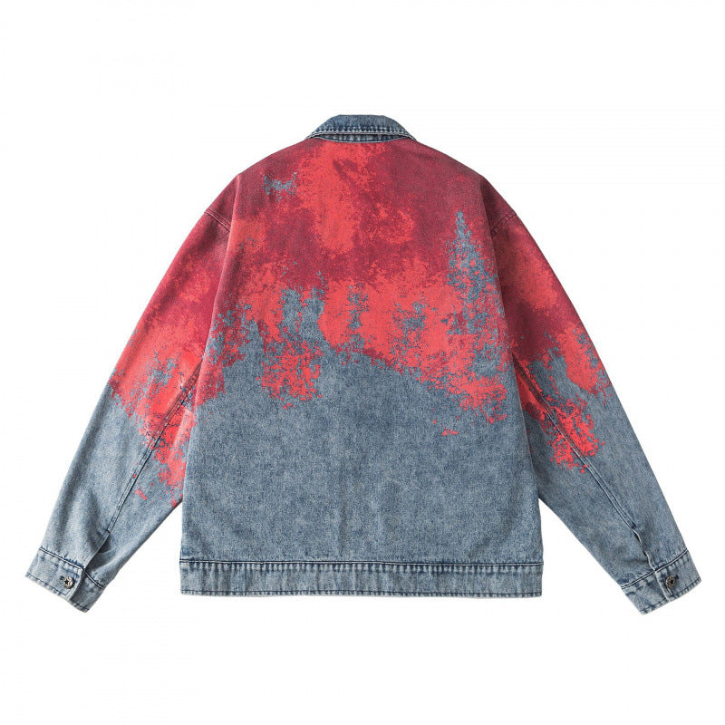 Unisex Oversize-Jeansjacke mit Farbverlauf-Print, Reißverschluss und Hemdkragen Shop Nory