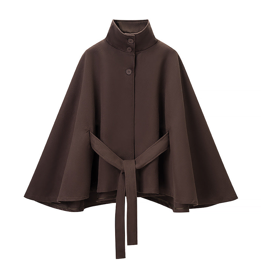 Damen Kurzcape mit Stehkragen, verdeckter Knopfleiste und Taillenbindegürtel Shop Nory