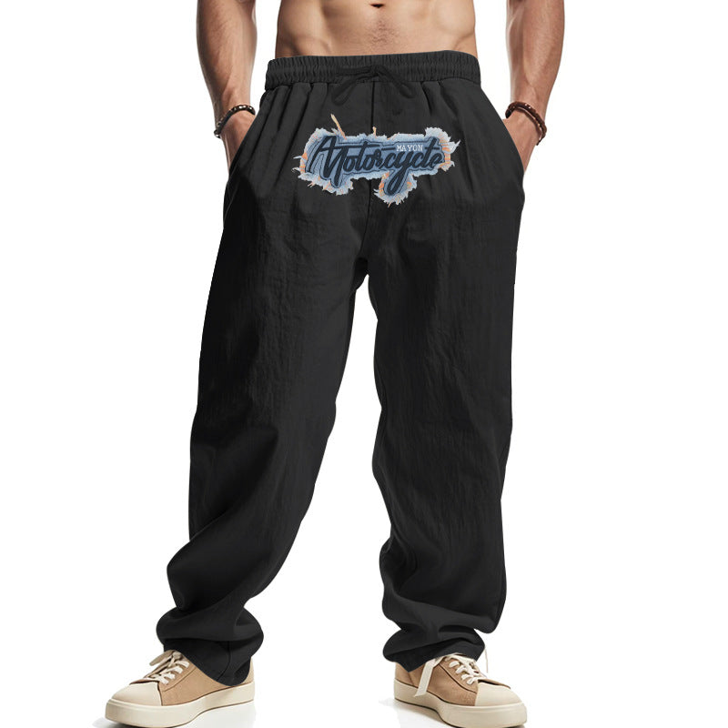 Herren Locker sitzende Leinenoptik-Relaxhose mit elastischem Bund, Kordelzug & Frontprint Shop Nory