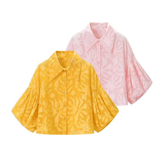Damen Transparente Organza-Bluse mit weitem Schnitt, Volumenärmeln und Hemdkragen Shop Nory
