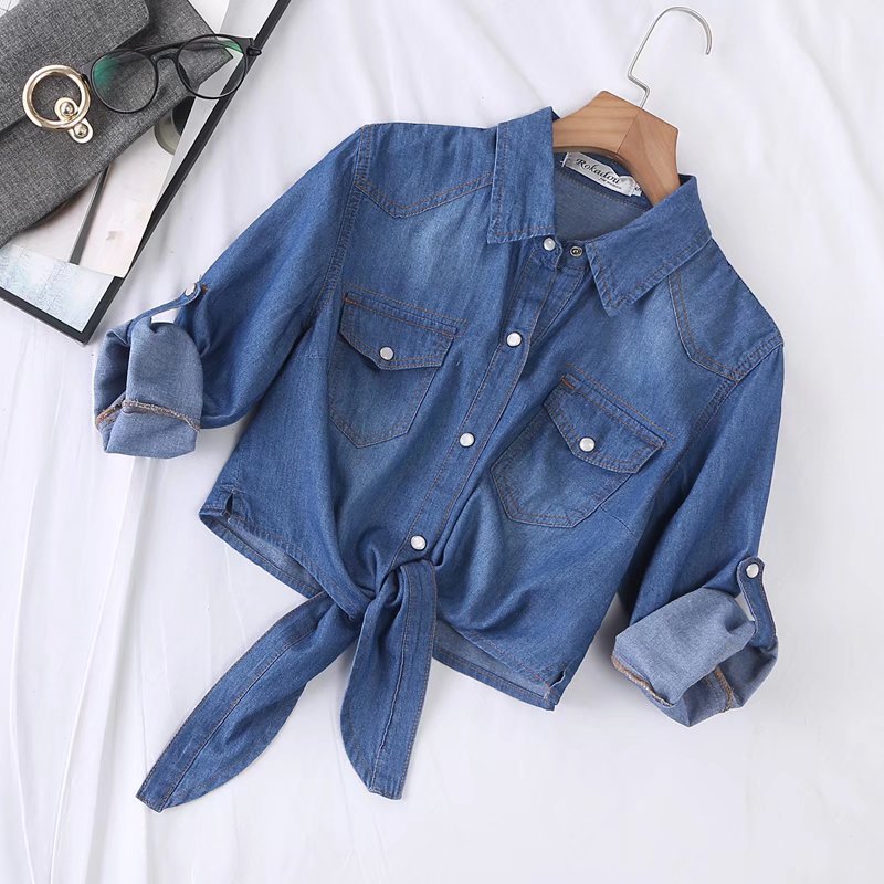Damen Geknotete Denim Kurzbluse mit Brusttaschen und hochgekrempelten Ärmeln Shop Nory