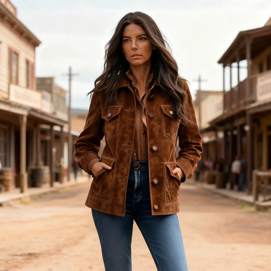 Damen Kurzjacke im Ranch‑Worker‑Look aus Wildlederoptik mit Pattentaschen und sichtbarer Knopfleiste Shop Nory