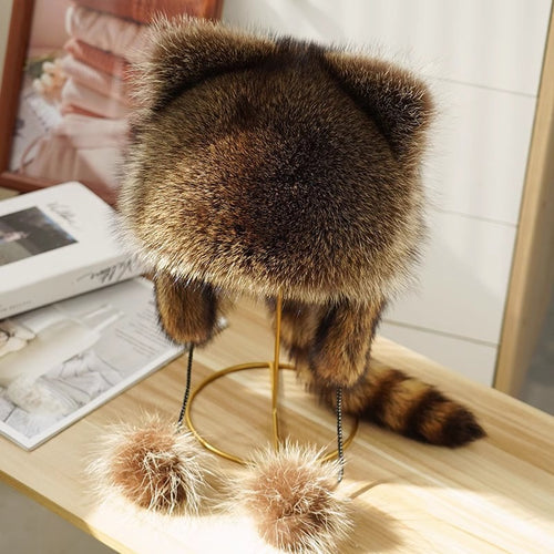 Damen Wintermütze mit Ohrklappen, Bommel und Tierohren aus hochwertigem Kunstfell Shop Nory