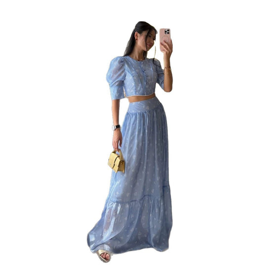 Damen Zweiteiliges Chiffon-Set mit Cropped-Puffbluse und Stufen-Maxirock Shop Nory