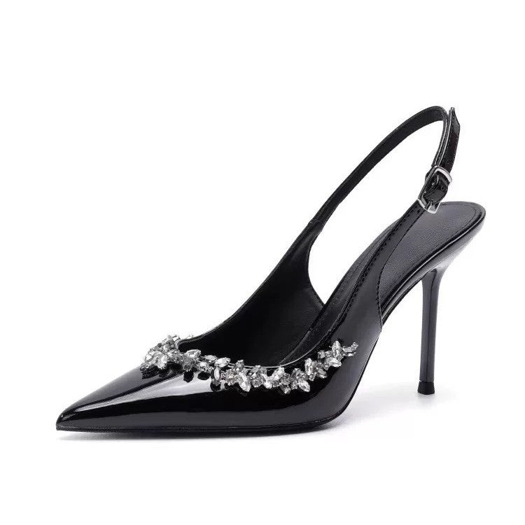 Damen Lack-Slingback Pumps mit spitzer Kappe, Kristallbesatz und schlankem Stiletto Shop Nory