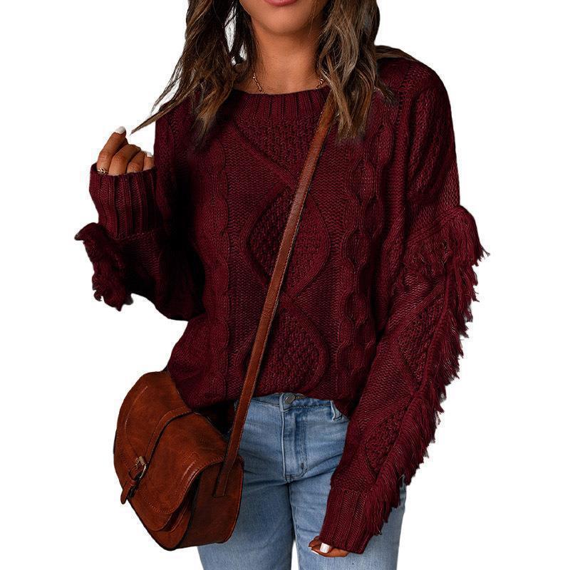 Damen Grobstrick-Pullover mit Zopfstruktur, fransigen Ärmeln und legerer Oversize-Passform Shop Nory