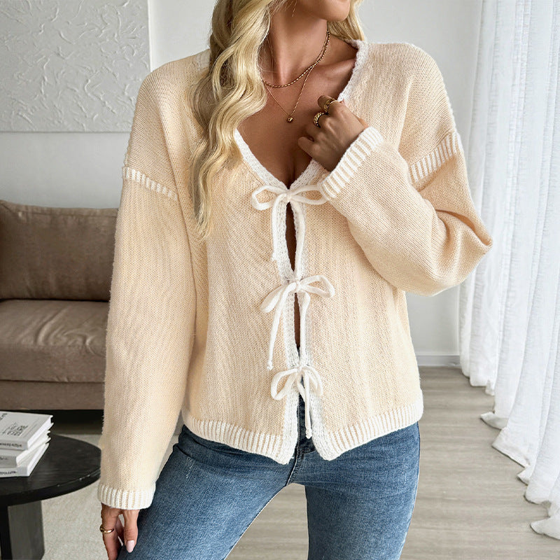 Damen Strickcardigan mit Schleifenverschluss und tiefem V-Ausschnitt Shop Nory