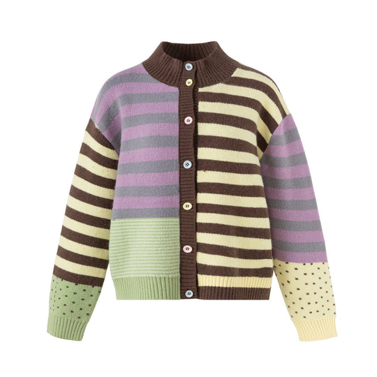 Damen Strickjacke im Patchwork-Streifenmix mit Stehkragen und Knopfleiste Shop Nory