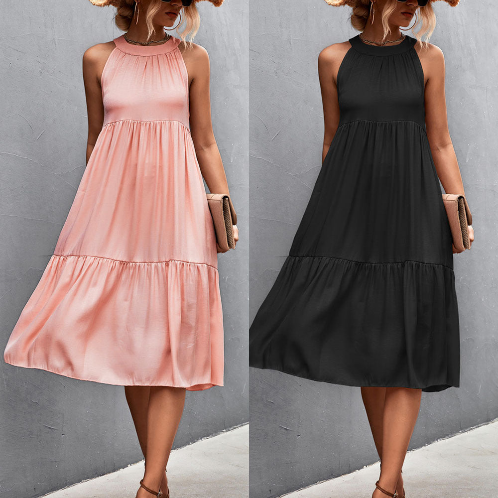 Damen luftiges Sommerkleid mit schwingendem Rock und hohem Hals Shopnory