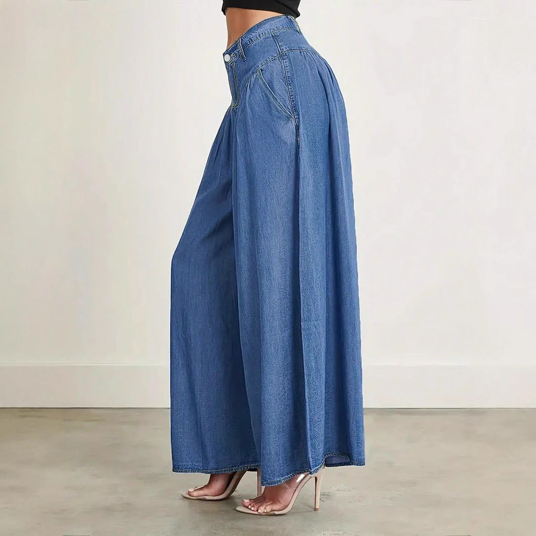 Damen Hochtaillierte Denim-Palazzohose mit geraffter Kellerfalte und extra weitem Bein Shop Nory