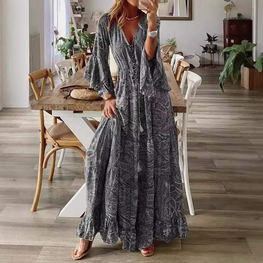 Damen Boho Maxikleid mit Paisley-Print, V-Ausschnitt, Stufenrock und Bindegürtel Shop Nory