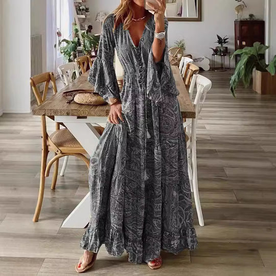 Damen Boho Maxikleid mit Paisley-Print, V-Ausschnitt, Stufenrock und Bindegürtel Shop Nory