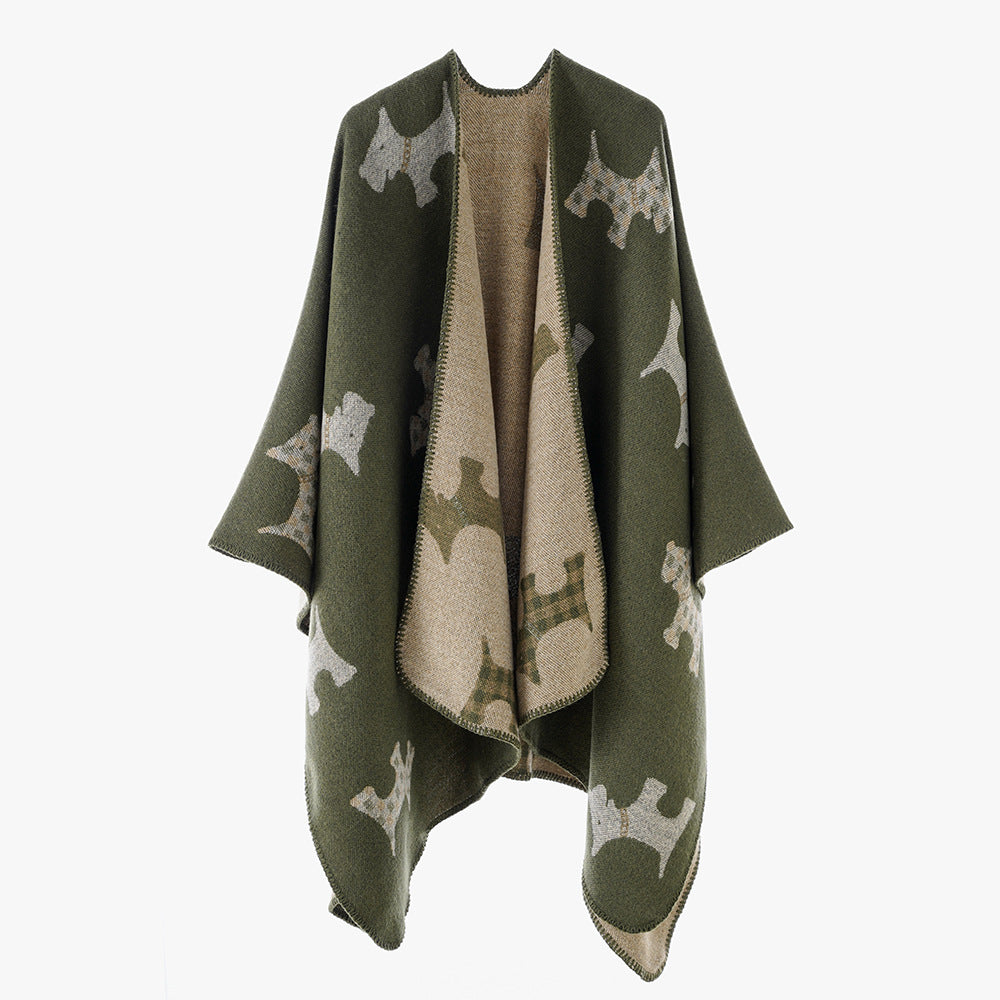 Damen Oversize-Poncho mit jacquardgewebtem Terrier‑Motiv und kontrastiertem Innenfutter Shop Nory