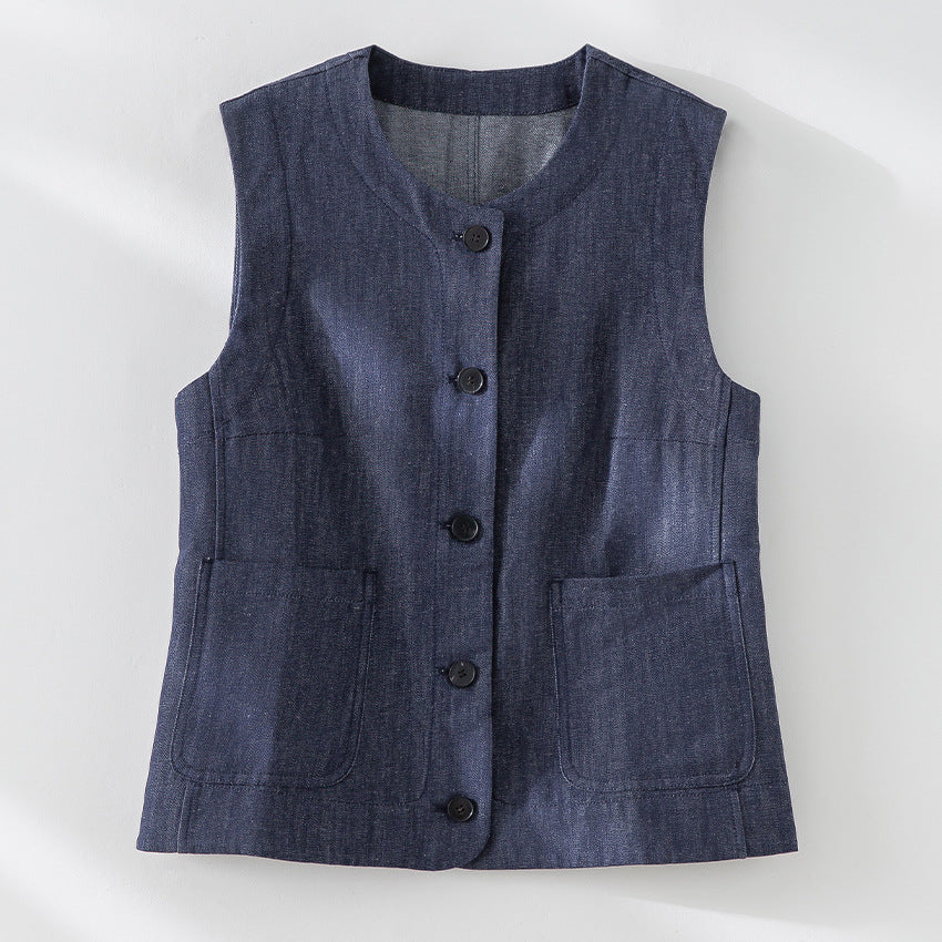 Damen Ärmellose leicht taillierte Weste aus Leinen-Denim mit Knopfleiste und aufgesetzten Taschen Shop Nory