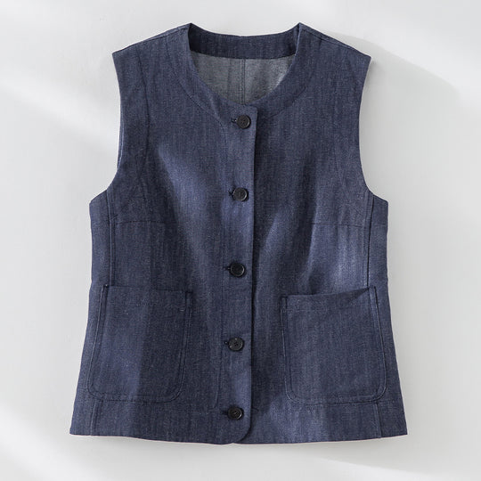 Damen Ärmellose leicht taillierte Weste aus Leinen-Denim mit Knopfleiste und aufgesetzten Taschen Shop Nory