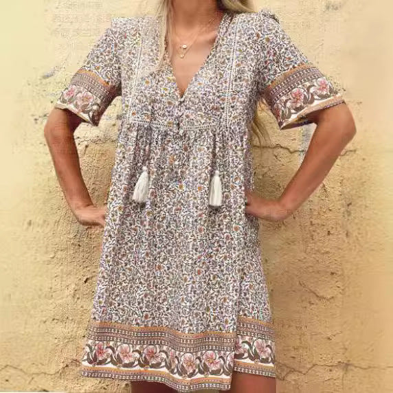 Damen Lässiges Boho-Kleid mit verspielten Quasten und floralen Mustern
