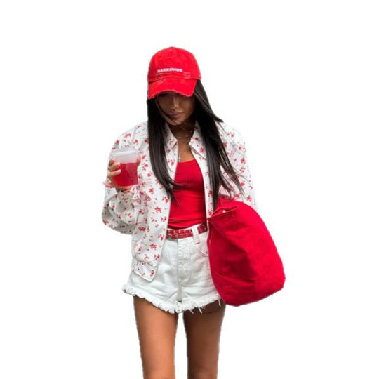 Damen Leichte geblümte Bomberjacke mit Gummsaum und Reißverschluss Shop Nory