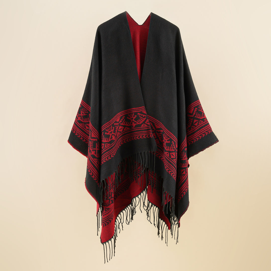 Damen Wolloptik-Überwurf im Kimono-Stil mit grafischem Bordürenjacquard und Fransensaum Shop Nory
