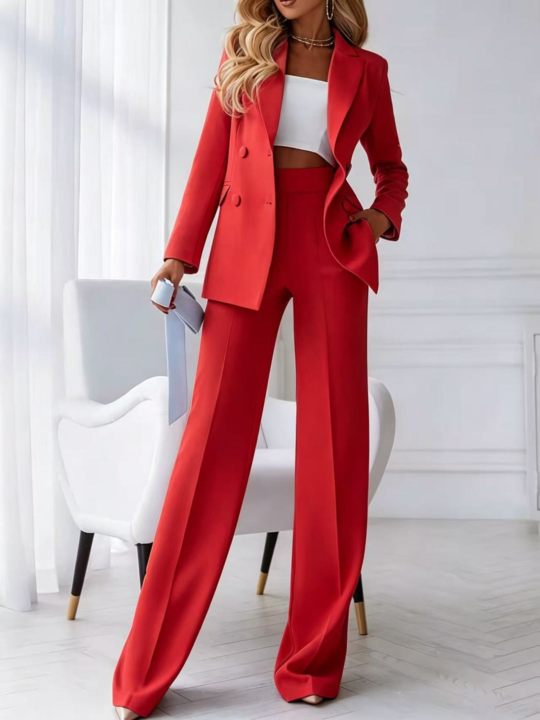Damen Zweiteiliger Business-Hosenanzug mit tailliertem Zweireiherblazer und High-Waist Palazzo-Hose Shop Nory