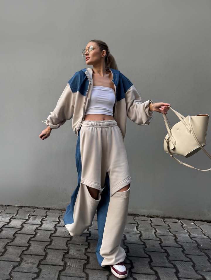 Damen zweifarbiges Kapuzenjacken- und wandelbares Druckknopf-Jogginghosen-Set Shop Nory