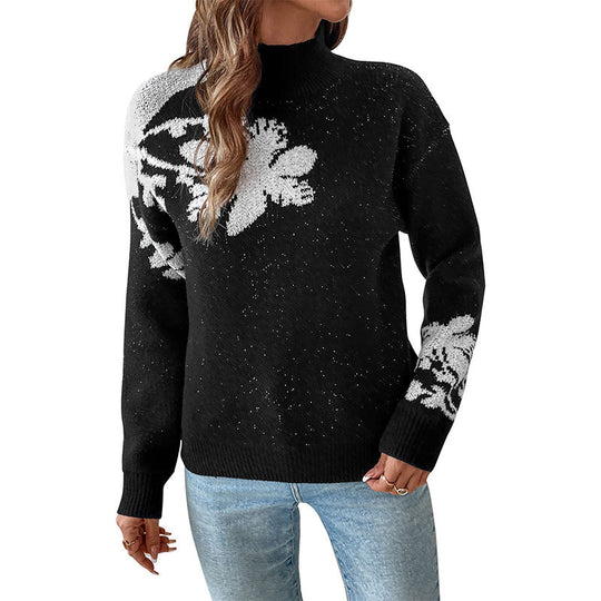 Damen Troyer-Pullover mit hohem Kragen und floraler Jacquard-Intarsie Shop Nory