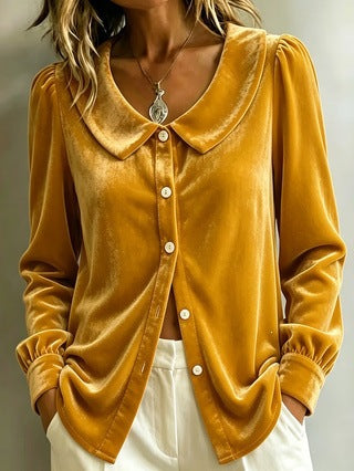 Damen Samt‑Hemdbluse mit Peter‑Pan‑Kragen und Perlmuttknopfleiste Shop Nory
