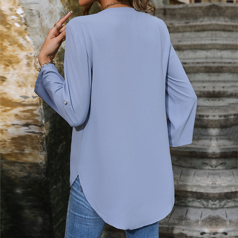 Damen Leichte V-Ausschnitt Chiffonbluse mit dreiviertel Ärmeln, Knopfdetail und Frontfalte Shop Nory