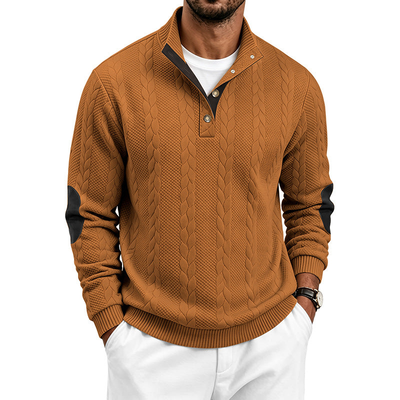 Herren Troyer-Pullover mit Zopfmuster, Ellbogen‑Patches und kontrastierter Knopfleiste Shop Nory