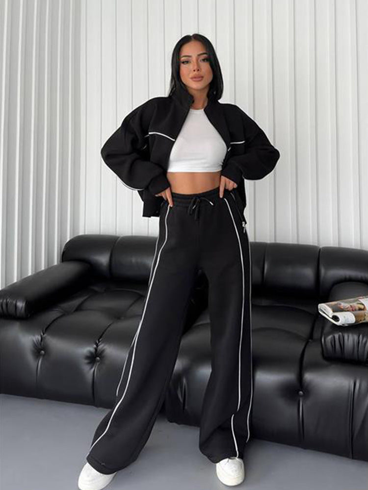 Damen lässiges Sweatset mit Stehkragen Reißverschluss gekürzter Jacke und hochtaillierter Schlaghose Shop Nory