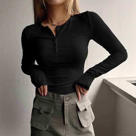 Damen Figurnahe Rippstrick-Henleyshirt mit Knopfleiste und Langarm Shop Nory