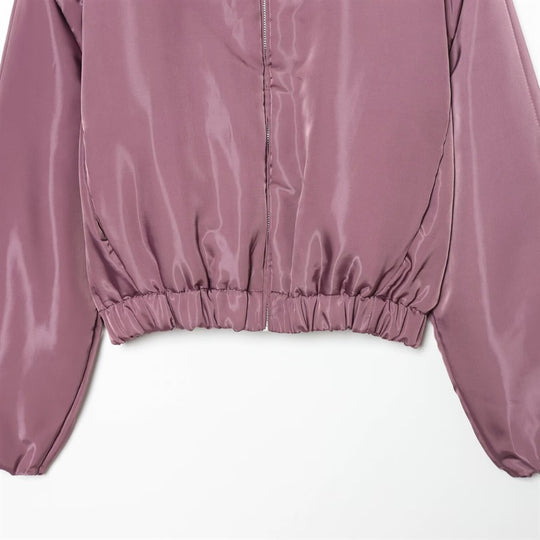 Damen Kurze glänzende Bomberjacke mit Stehkragen, tailliertem Elastbund und verdecktem Reißverschluss Shop Nory