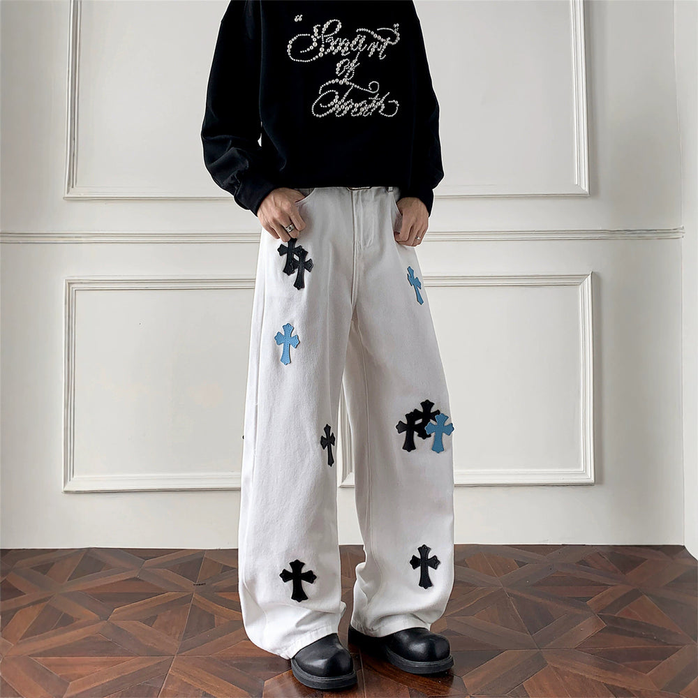Damen Weitgeschnittene Denim-Hose mit kreativem Kreuzdesign Shop Nory
