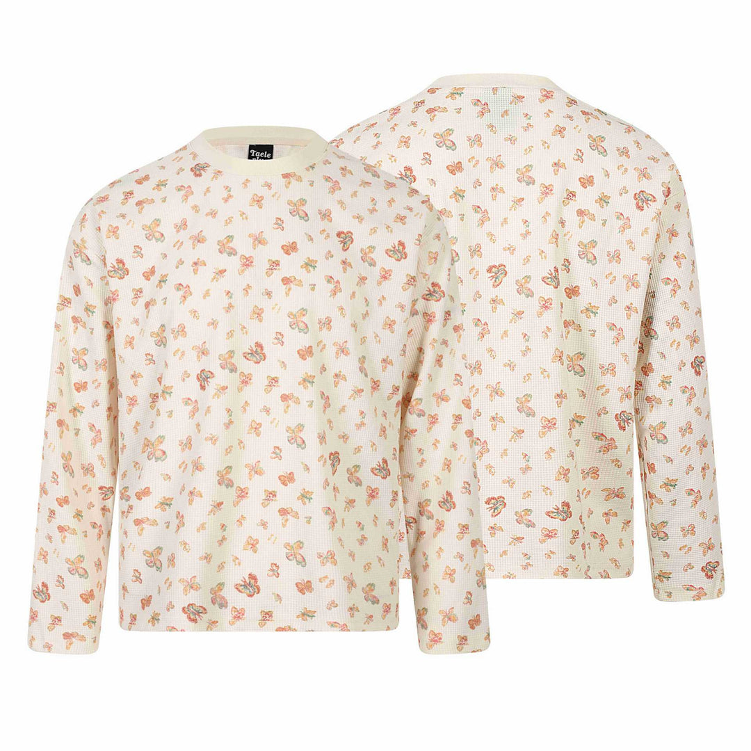 Damen Waffelstrick-Langarmshirt mit Allover-Schmetterlingsprint und Rundhals Shop Nory
